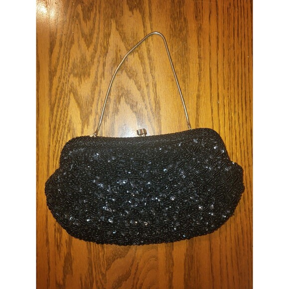 1950s Richere Bag By Walborg Black Beaded & Sequins Clutch Purse Metal strap - Picture 1 of 11